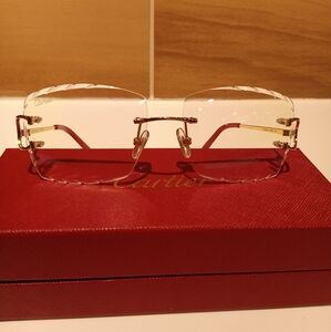 Cartier C decor Clear Tint Gold Wires Diamond Cut Lens Rimless Glasses
